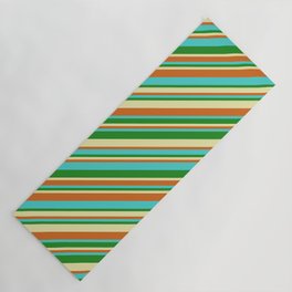 [ Thumbnail: Pale Goldenrod, Chocolate, Turquoise & Forest Green Colored Lines Pattern Yoga Mat ]