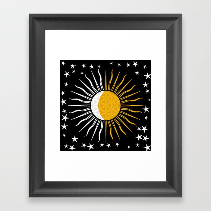 Sun Moon & Stars Flower Of Life Space Spiritual Zen Bohemian Hippie Yoga Mantra Meditation Framed Art Print