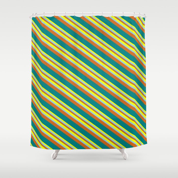 Yellow, Light Sky Blue, Chocolate & Teal Colored Pattern of Stripes Shower Curtain