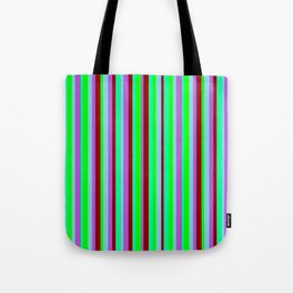 [ Thumbnail: Eye-catching Orchid, Sky Blue, Lime, Green & Dark Red Colored Lined Pattern Tote Bag ]