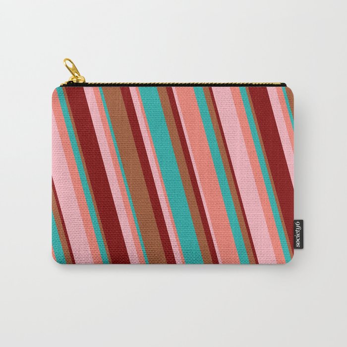 Eye-catching Sienna, Light Sea Green, Salmon, Light Pink, and Maroon Colored Striped Pattern Carry-All Pouch