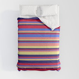 [ Thumbnail: Eye-catching Crimson, Royal Blue, Light Coral, Tan, and Midnight Blue Colored Striped/Lined Pattern Comforter ]