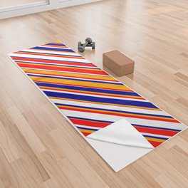 [ Thumbnail: White, Dark Blue, Orange & Red Colored Stripes/Lines Pattern Yoga Towel ]