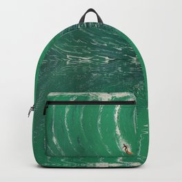 Extreme surfing pipeline wave with mirrored reflection, nazara, california, gulf of mexico, florida keys, hawaii surf landscape painting in emerald green Backpack