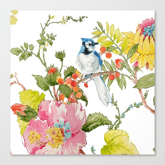 Bluejay Bird Day Floral Canvas Print