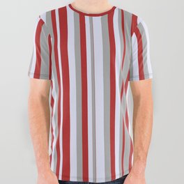 [ Thumbnail: Red, Dark Grey & Lavender Colored Lines Pattern All Over Graphic Tee ]
