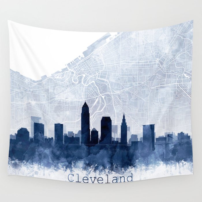 Cleveland Skyline & Map Watercolor Navy Blue, Print by Zouzounio Art Wall Tapestry