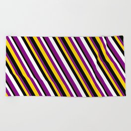 [ Thumbnail: White, Purple, Yellow, and Black Colored Striped Pattern Beach Towel ]