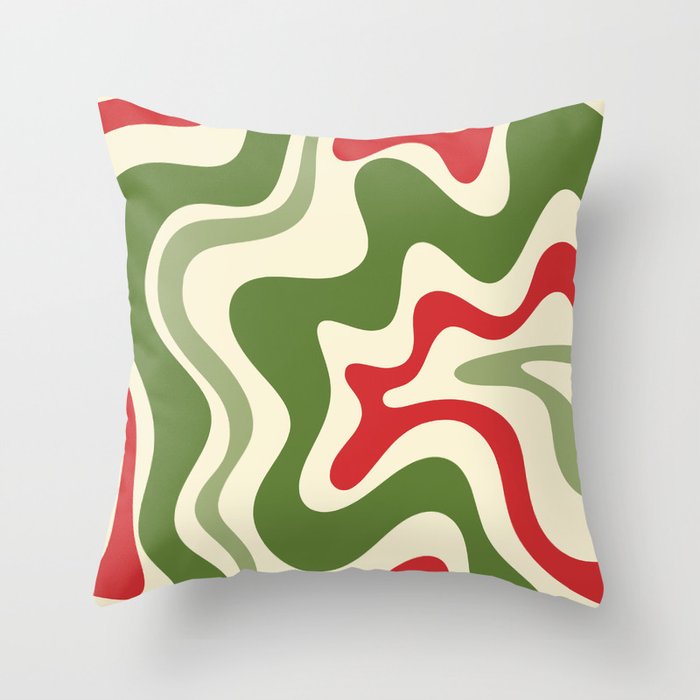 Retro Christmas Swirl Abstract Pattern in Olive Green, Sage, Xmas Red, and Cream Throw Pillow