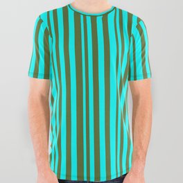 [ Thumbnail: Cyan and Dark Olive Green Colored Lined/Striped Pattern All Over Graphic Tee ]
