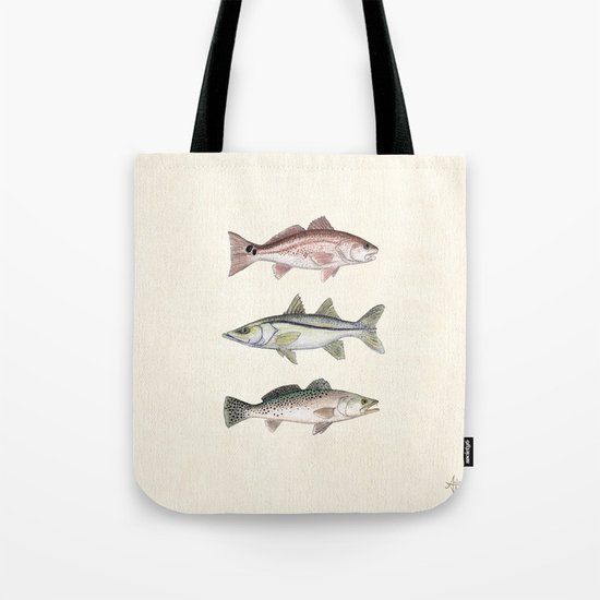 "Inshore Slam!" by Amber Marine ~ Redfish, Snook, and Trout Watercolor Illustration, (c) 2013 Tote Bag