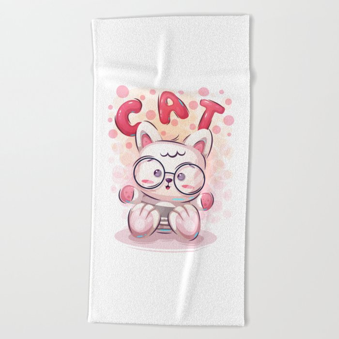 Cute Funny Cartoon Cat Character Pink Animal Illustration Beach Towel