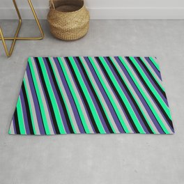 [ Thumbnail: Dark Slate Blue, Grey, Green, and Black Colored Lines/Stripes Pattern Rug ]