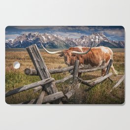 Texas Longhorn Steer with Wood Log Fence in Wyoming Pasture Cutting Board