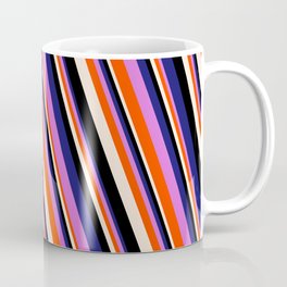 [ Thumbnail: Vibrant Midnight Blue, Orchid, Red, Beige & Black Colored Striped/Lined Pattern Coffee Mug ]