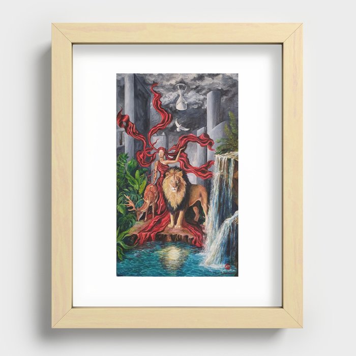 Oil painting Original painting Surrealism original Painting on canvas Oil painting lion Oil painting the woman in red Recessed Framed Print