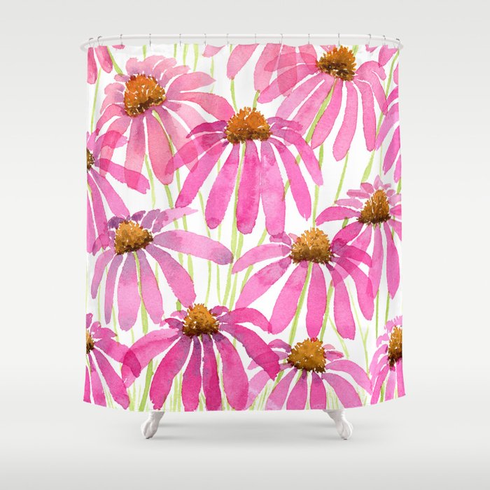 Pink Coneflowers On White - Watercolor Floral  Shower Curtain