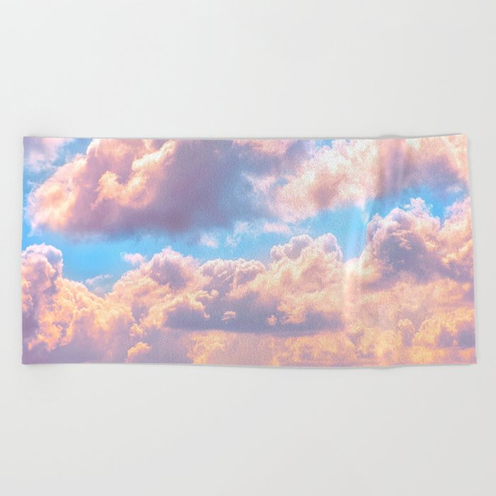 Beautiful Pink Cotton Candy Clouds Against Baby Blue Sky Fairytale Magical Sky Beach Towel By Enshape Society6