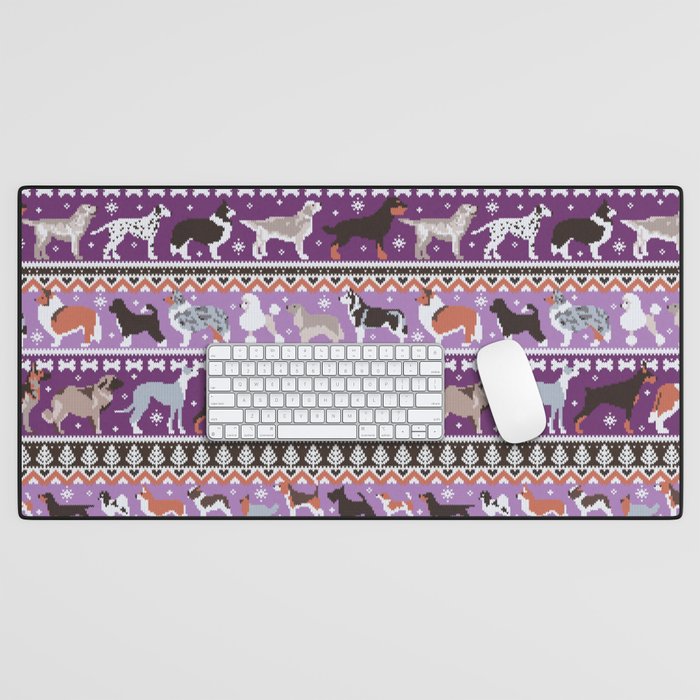 Fluffy and bright fair isle knitting doggie friends // seance purple and east side violet background brown orange white and grey dog breeds  Desk Mat