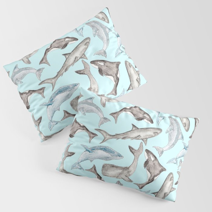 Oceanic Watercolor Fishes in Blue Black White Gray Pillow Sham