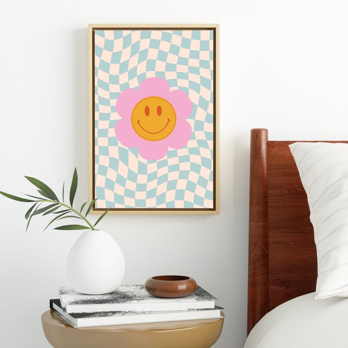 Smiley Flower Face on Pastel Warped Checkerboard Poster by Cocoon Design