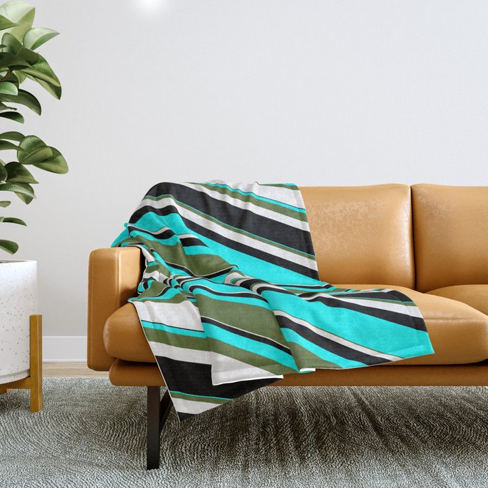 Cyan, Dark Olive Green, White, and Black Colored Lined/Striped Pattern Throw Blanket