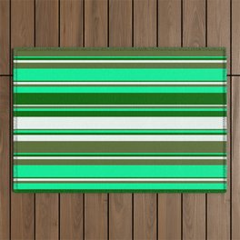 [ Thumbnail: Green, Dark Green, Mint Cream, and Dark Olive Green Colored Stripes/Lines Pattern Outdoor Rug ]