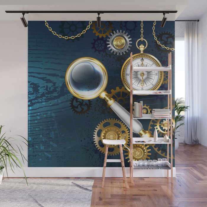 Steampunk blue background with magnifier Wall Mural