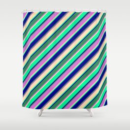 [ Thumbnail: Eyecatching Beige, Green, Dark Blue, Sea Green, and Orchid Colored Lines/Stripes Pattern Shower Curtain ]