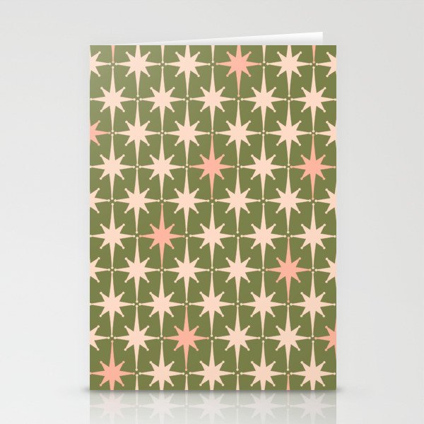 Midcentury Modern Atomic Starburst Pattern in Retro Olive Green and Vintage Blush Pink Stationery Cards