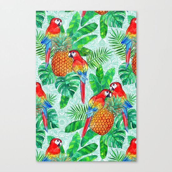 Pineapples and Parrots Tropical Summer Pattern Canvas Print
