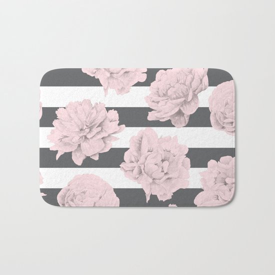 Rose Garden Stripes Pink Flamingo on Storm Gray and White Bath Mat