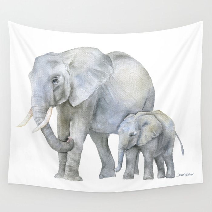 Mother and Baby Elephants Wall Tapestry