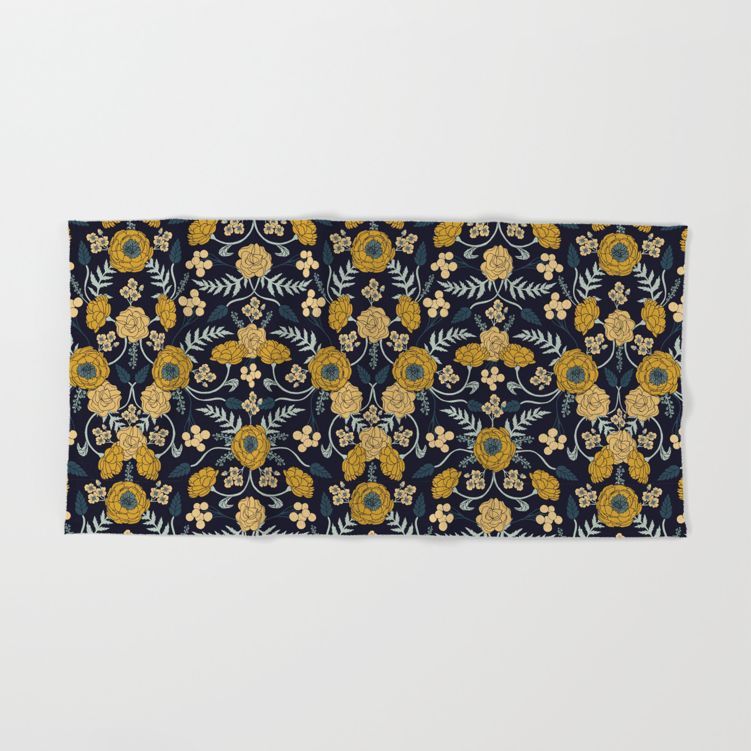 Navy Blue Turquoise Cream Mustard Yellow Dark Floral Pattern Hand Bath Towel By Somecallmebeth Society6