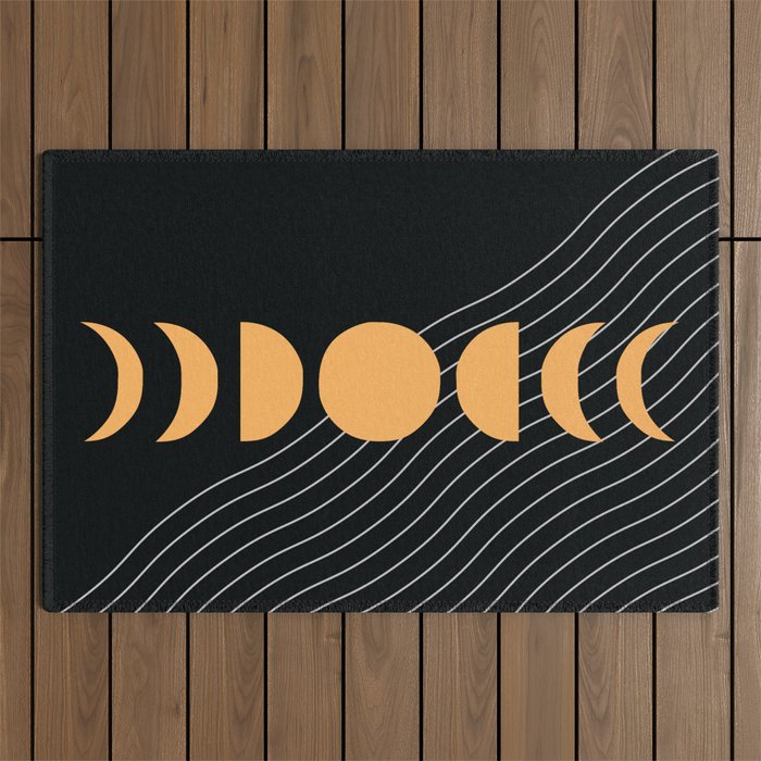 Geometric Moon Phases 5 in black and gold Outdoor Rug
