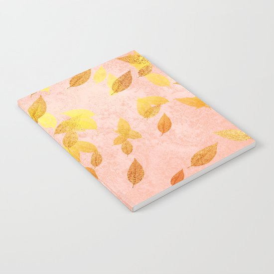 Autumn-world 2 - gold glitter leaves on pink background Notebook