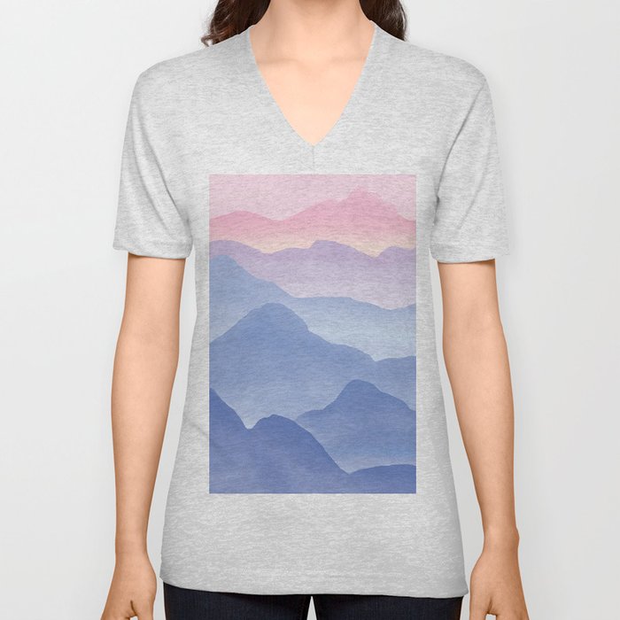 Magical Watercolor Mountains, Pastel Candy Color V Neck T Shirt