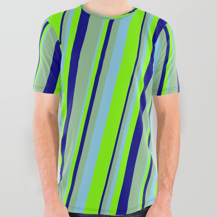 Sky Blue, Chartreuse, Blue & Dark Sea Green Colored Lines Pattern All Over Graphic Tee