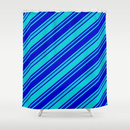 [ Thumbnail: Blue & Dark Turquoise Colored Stripes/Lines Pattern Shower Curtain ]