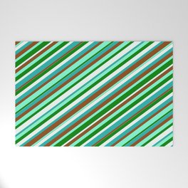 [ Thumbnail: Colorful Light Sea Green, Brown, Aquamarine, Green & Mint Cream Colored Lined/Striped Pattern Welcome Mat ]