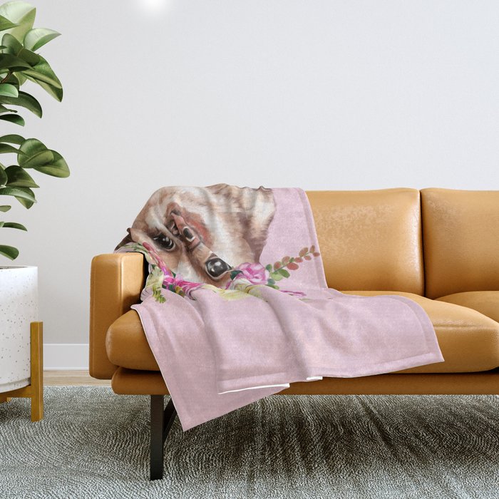 Flower Crown Baby Sloth in Pink Throw Blanket