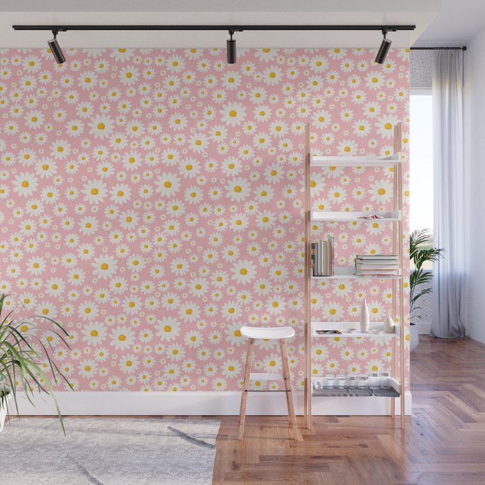White Daisies On Pink Wall Mural