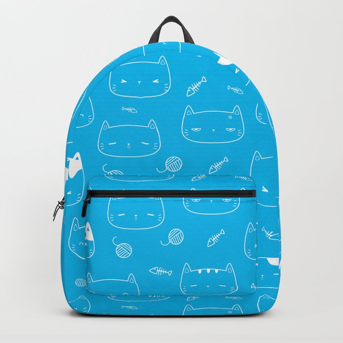 Turquoise and White Doodle Kitten Faces Pattern Backpack