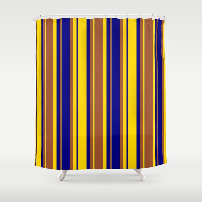 Yellow, Sienna & Blue Colored Striped Pattern Shower Curtain
