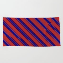 [ Thumbnail: Red and Blue Colored Lined/Striped Pattern Beach Towel ]