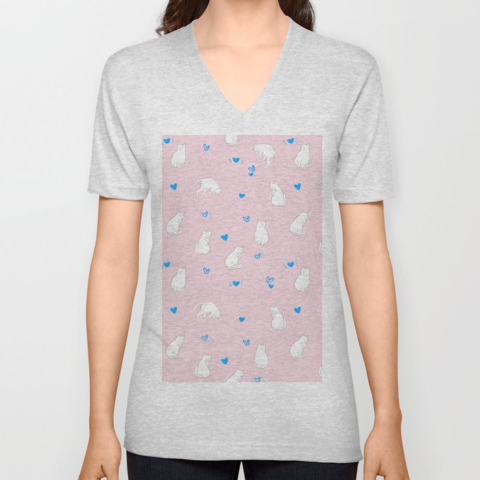 Sleeping Cats With Hearts Pattern/Pink Background V Neck T Shirt