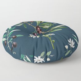 Olives,flowers,branches,white flowers,navy background  Floor Pillow