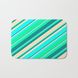 [ Thumbnail: Green, Dark Cyan, Bisque, and Aqua Colored Pattern of Stripes Bath Mat ]