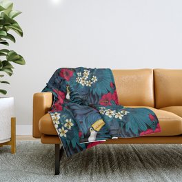 Toucans and tropical flora, green and red Throw Blanket