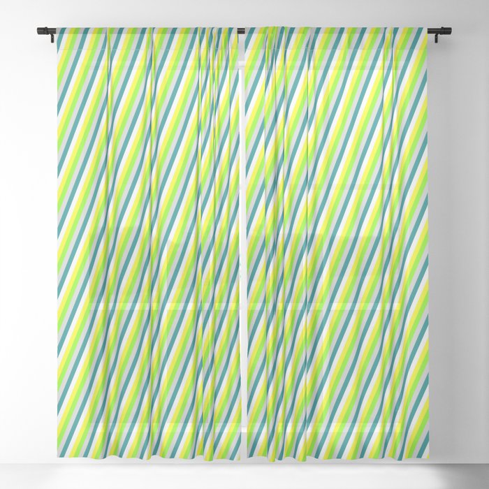 Colorful White, Yellow, Green, Light Grey & Teal Colored Lines/Stripes Pattern Sheer Curtain